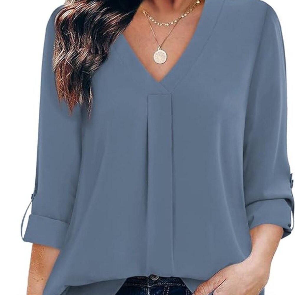 Youtalia Blouse Gray Pullover Lightweight V-Neck Roll tab Sleeve Sz XXL /2X NWT